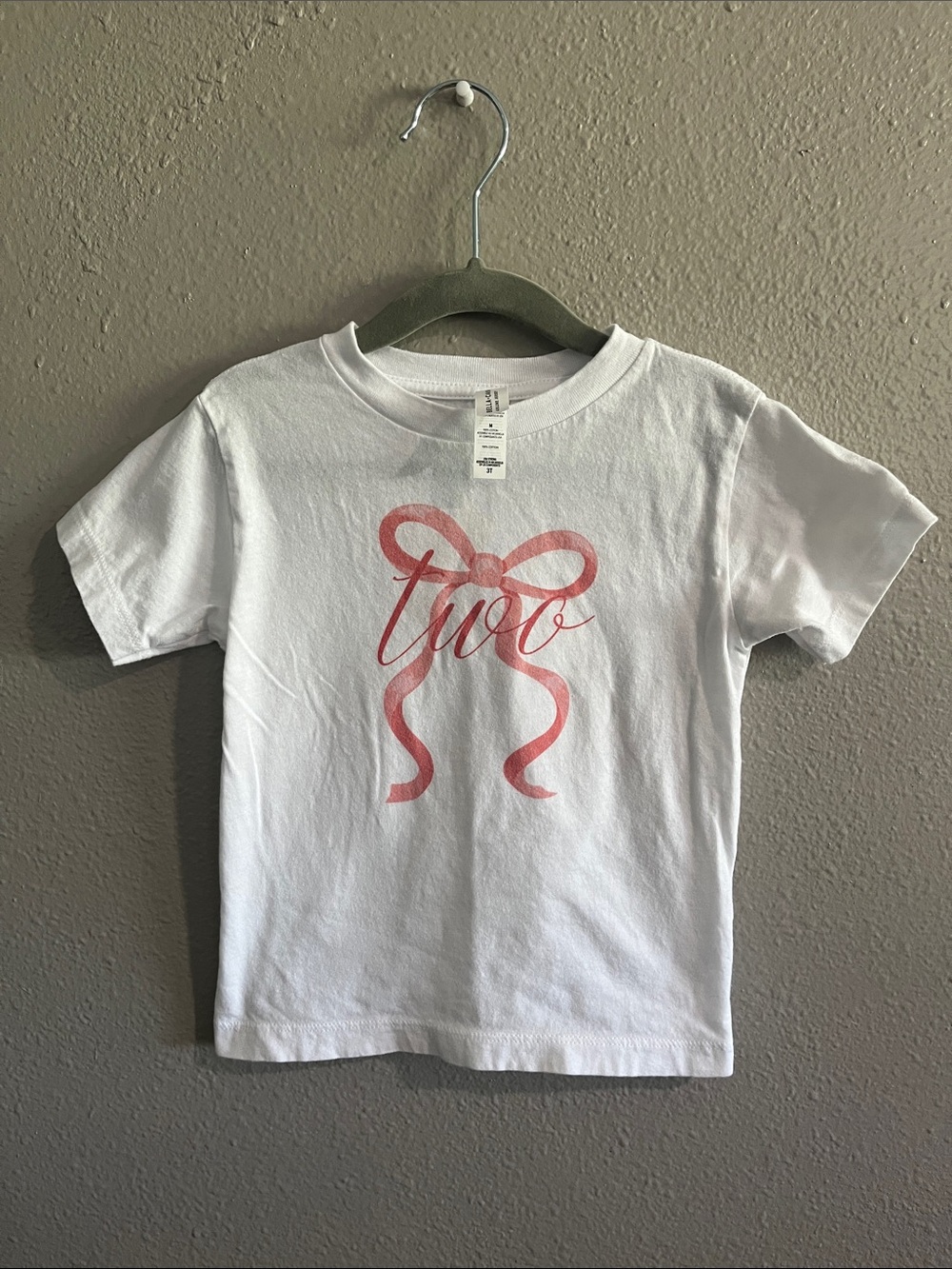 Bella Canvas White Tee with Pink Bow 'Two' Graphic